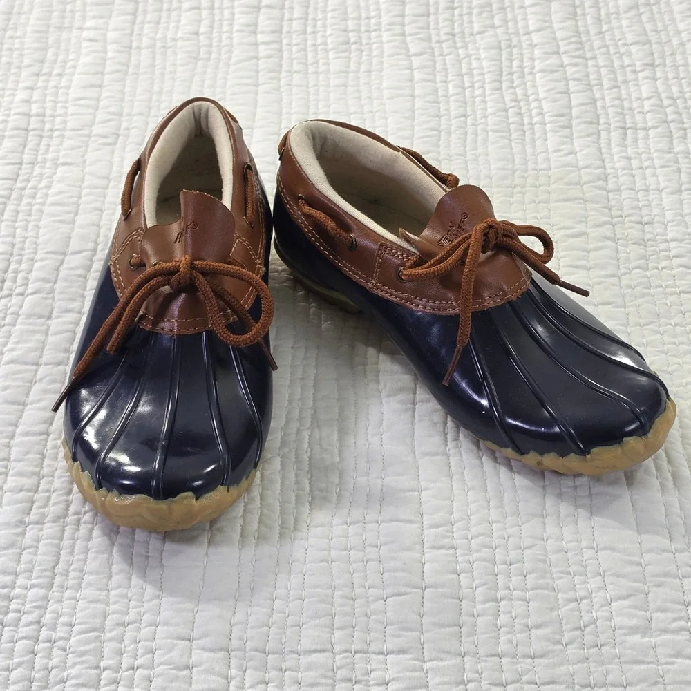 Western Chief Womens 8 One Eye Duck Rain Shoes Navy Brown Low Top Rubber Boots